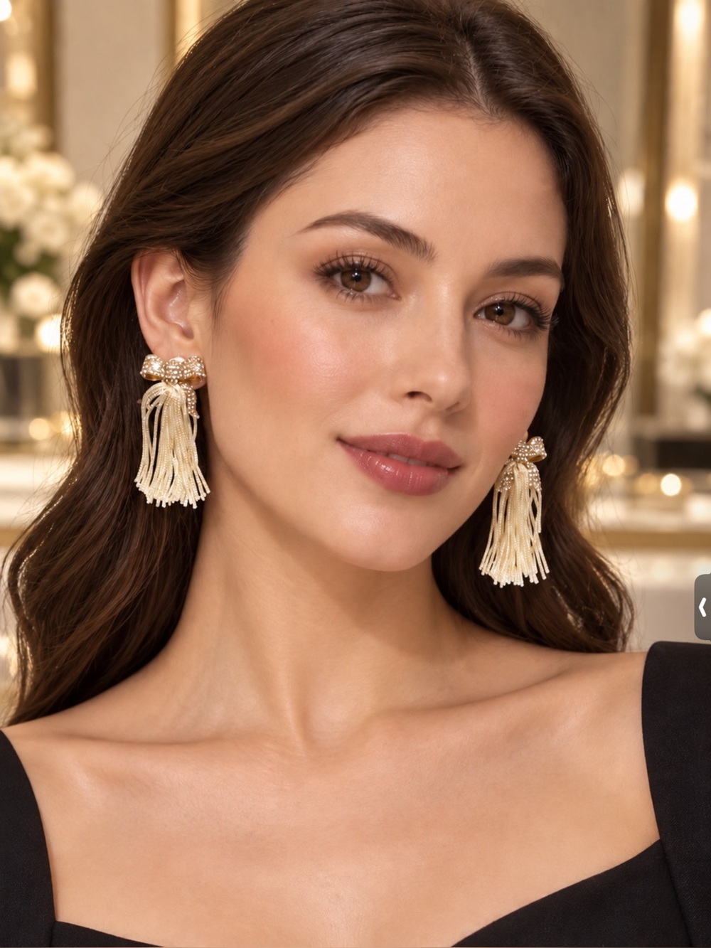 Cream Tassel Knot Drop Earrings with Gold Bead Accents